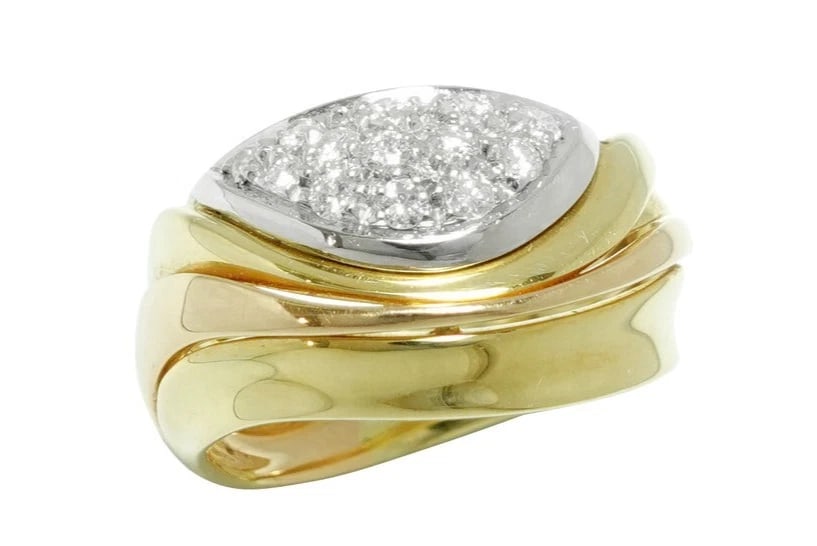 DAMIANI DIAMOND YELLOW TRI COLOR GOLD WAVE DESIGN RING: Damiani Diamond Yellow Tri Color Gold Wave Design Ring Brand: Damiani Type: Ring Material: 18k Tri Color Gold Main Stone/Creation Natural Color: Multicolor Size: 6.25 US Accessories: None