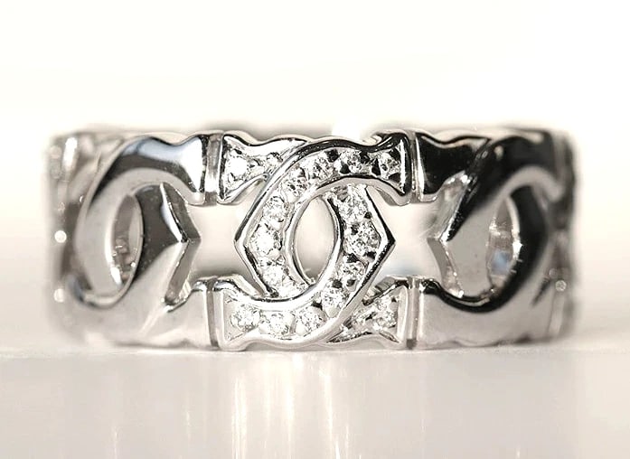 CARTIER ENTRELACES DIAMOND 18K WHITE GOLD BAND RING: Cartier Entrelaces Diamond 18k White Gold Band Ring Brand: Cartier Type: Ring Material: 18k White Gold Main Stone/Creation Natural Color: White Size: 6.25 US Accessories: None Accessories