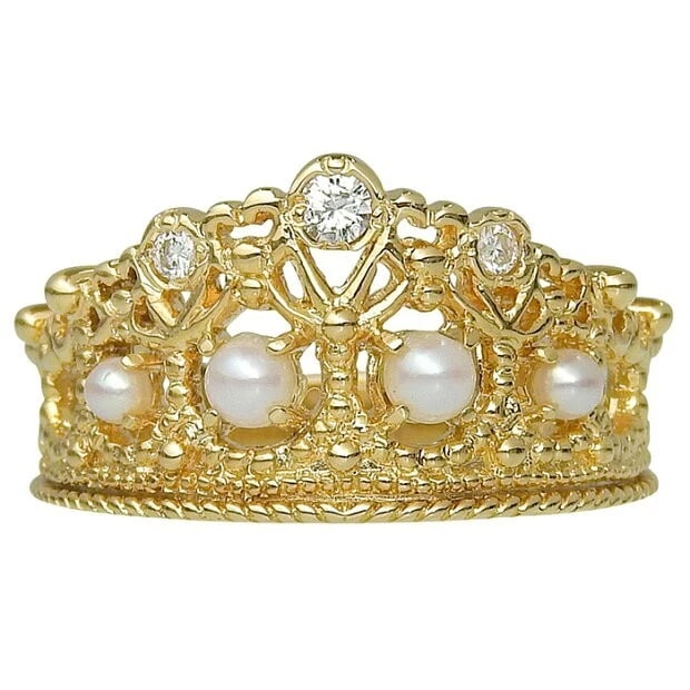 FRANKLIN MINT PRINCESS TIARA MOTIF DIAMOND PEARL RING: Franklin Mint Princess Tiara Motif Diamond Pearl Ring Brand: Franklin Mint Type: Ring Material: 18k Yellow Gold Main Stone/Creation Natural Color: Yellow Size: 6.5 US Accessories: None