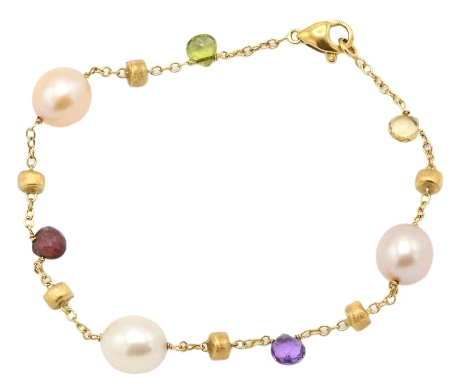 MARCO BICEGO PARADISE MULTI GEMSTONE PEARL BANGLE: Marco Bicego Paradise Multi Gemstone Pearl Bangle Brand: Marco Bicego Type: Bracelet Material: 18k Gold Color: Yellow Size: Pearl Size: Approx. 0.8 cm (0.31 in) Chain Width: Approx. 0.1 cm