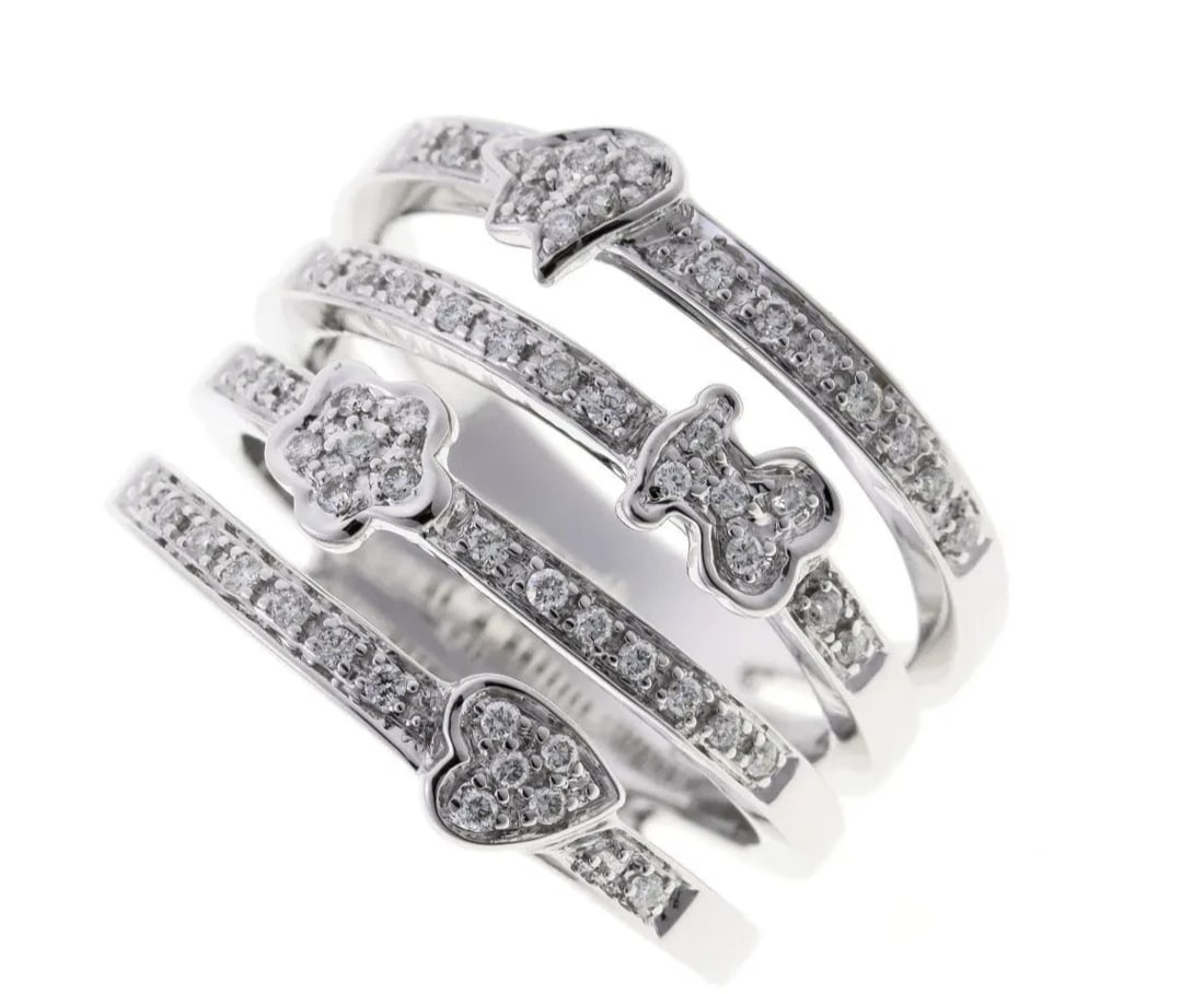 TOUS BEAR HEART FLOWER PAVE DIAMOND 18K WHITE GOLD BAND RING: Tous Bear Heart Flower Pave Diamond 18k White Gold Band Ring Brand: Tous Type: Ring Material: 18k White Gold Main Stone/Creation Natural Color: White Size: 6.5 US Accessories: None