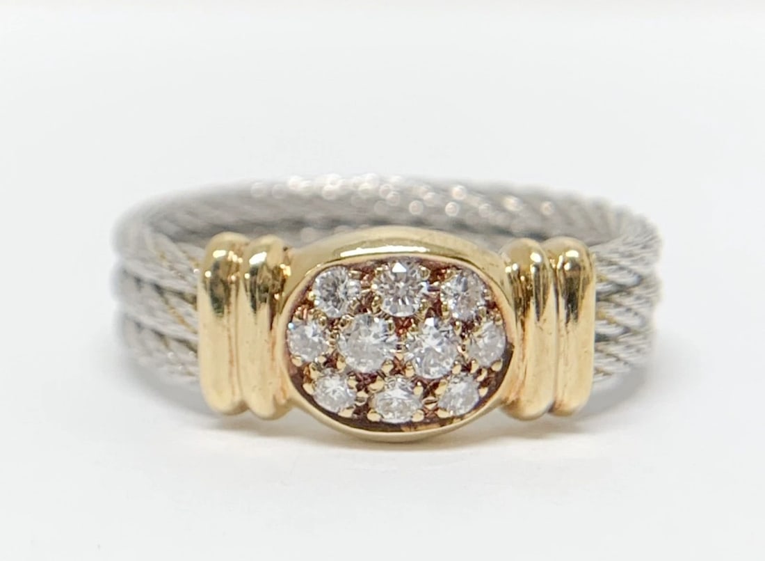 FRED FORCE DIAMOND STAINLESS STEEL BAND RING: FRED Force Diamond Stainless Steel Band Ring Brand: Fred Type: Ring Material: 18k Yellow Gold Main Stone/Creation Natural Color: Gold, Silver Size: 6.75 US Accessories: None Accessories No