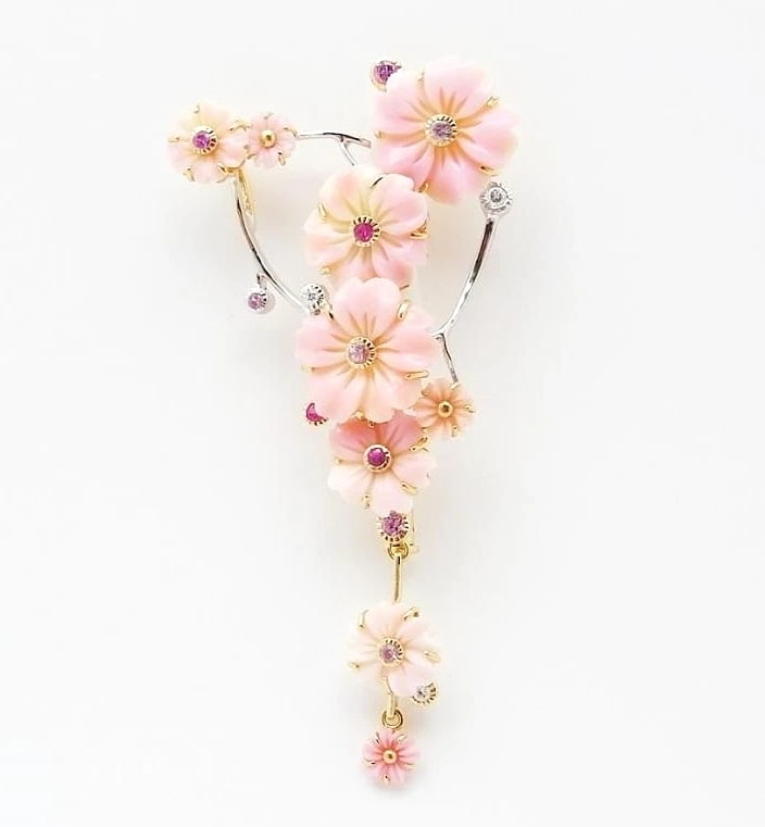 SAKURA CHERRY BLOSSOMS FLOWER PINK DIAMOND 18K GOLD BROOCH (1 of 7)