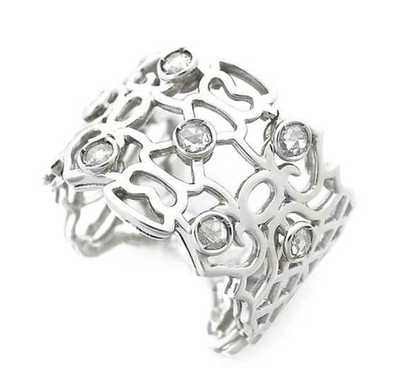 REPOSSI ROSE CUT DIAMOND OPENWORK WIDE BAND RING: Repossi Rose Cut Diamond Openwork Wide Band Ring Brand: Repossi Type: Ring Material: 18k White Gold Main Stone/Creation Natural Color: White Size: 6.75 US Accessories: None Accessories Not