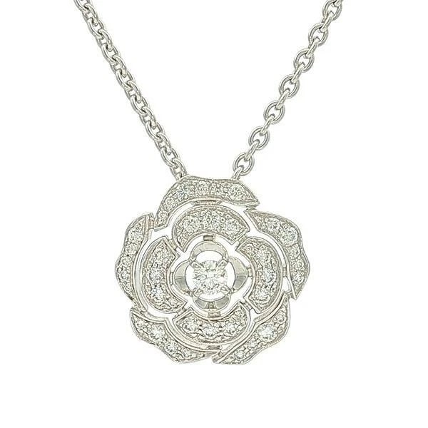 CHANEL DIAMOND CAMELLIA PENDANT WHITE GOLD NECKLACE: CHANEL Diamond Camellia Pendant White Gold Necklace Brand: CHANEL Type: Pendant Material: 18k White Gold Main Stone/Creation Natural Color: White Gold Size: Chain approx. 43.5 cm / 17.1 in Pendant
