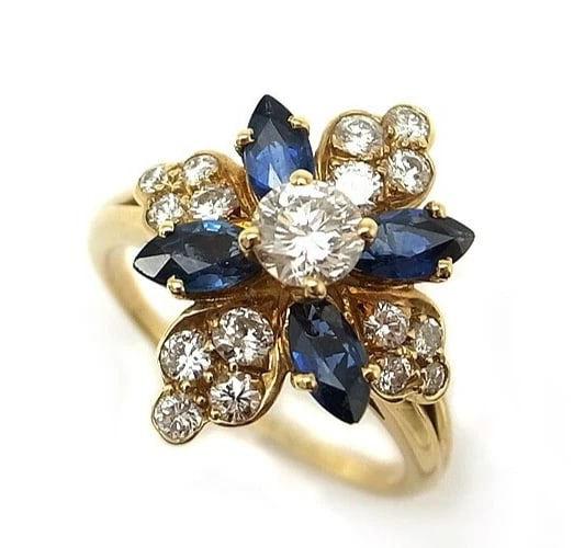 JEAN PIERRE BELLIN MARQUISE BLUE SAPPHIRE DIAMOND RING: Jean Pierre Bellin Marquise Blue Sapphire Diamond Ring Brand: Jean Pierre Bellin Type: Ring Material: 18k Yellow Gold Main Stone/Creation Natural Color: Yellow Size: 6 US Accessories: None