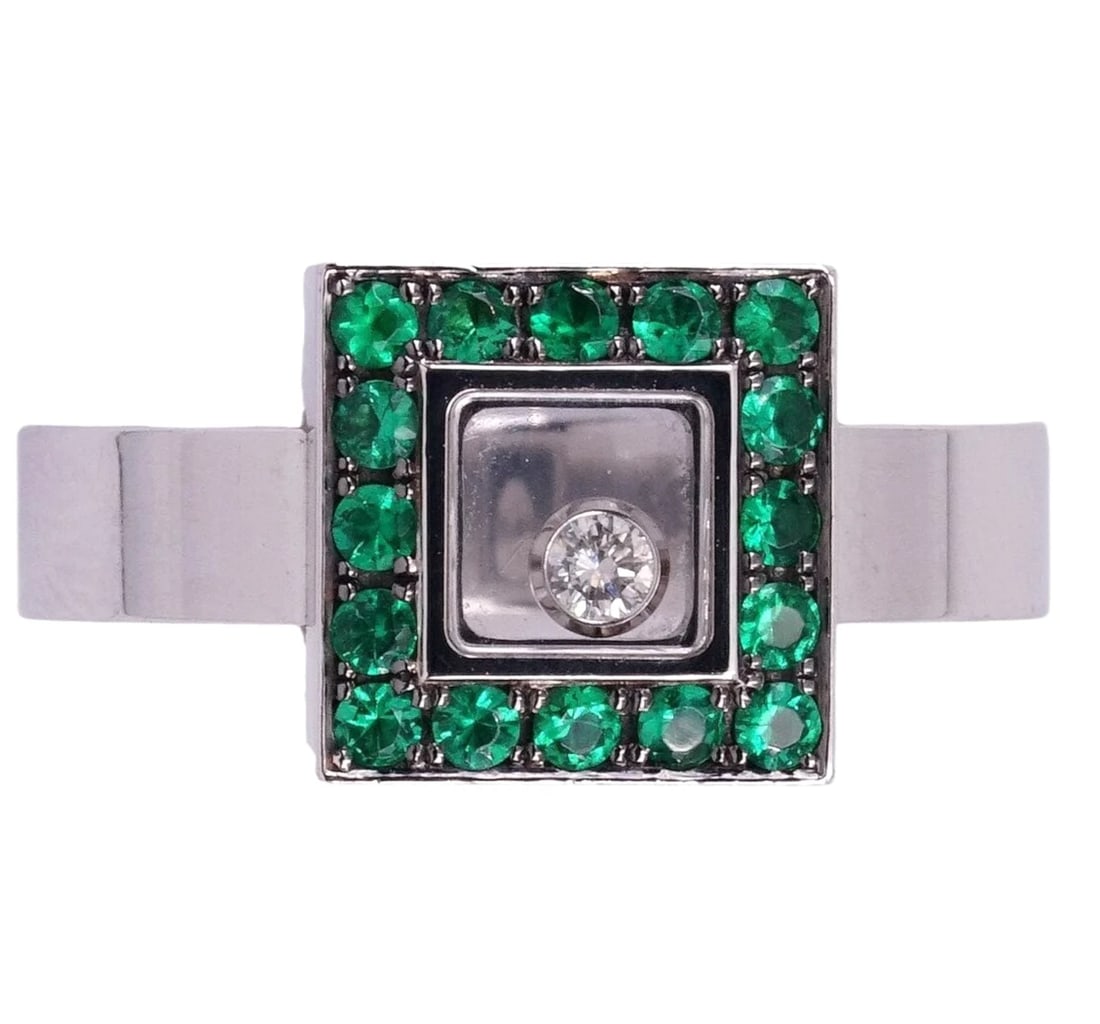 CHOPARD HAPPY DIAMONDS GREEN GARNET DIAMOND 18K WHITE GOLD RING: Chopard Happy Diamonds Green Garnet Diamond 18k White Gold Ring Brand: Chopard Type: Ring Material: 18k White Gold Main Stone/Creation Natural Color: White Size: 6 US Accessories: None Acc