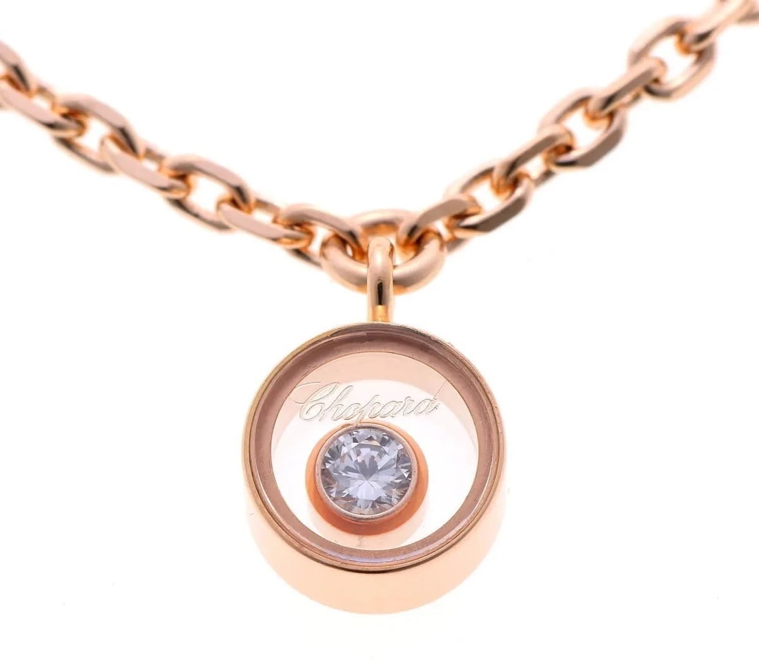 CHOPARD HAPPY DIAMONDS 18K ROSE GOLD ROUND NECKLACE PENDANT: Chopard Happy Diamonds 18k Rose Gold Round Necklace Pendant Brand: Chopard Type: Necklace Material: 18k Rose Gold Main Stone/Creation Natural Color: Pink Size: Chain Length: Approx. 32 / 34 /