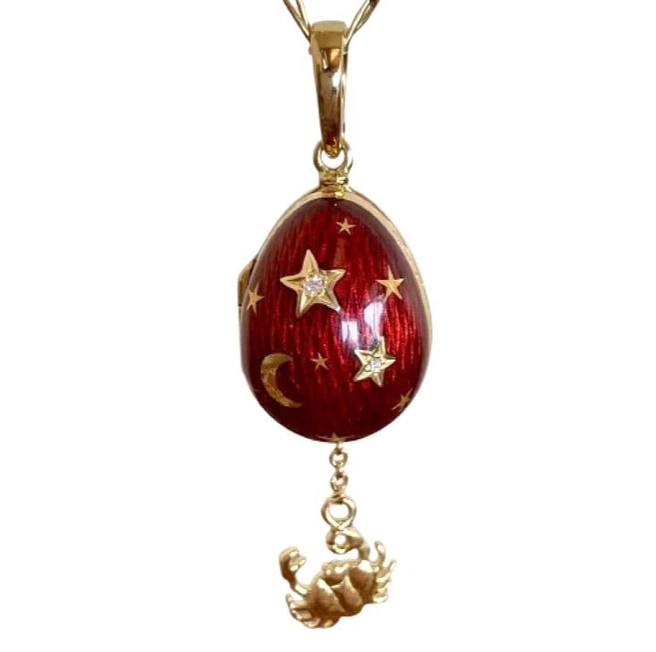 FABERGE VICTOR MAYER ZODIAC CANCER 18K GOLD RED ENAMEL: Faberge Victor Mayer Zodiac Cancer 18k Gold Red Enamel Brand: Fabergé Type: Pendant Material: 18k Gold Main Stone/Creation Natural Color: Red Size: Size (Egg only): Approx. H20 mm (0.79 in)