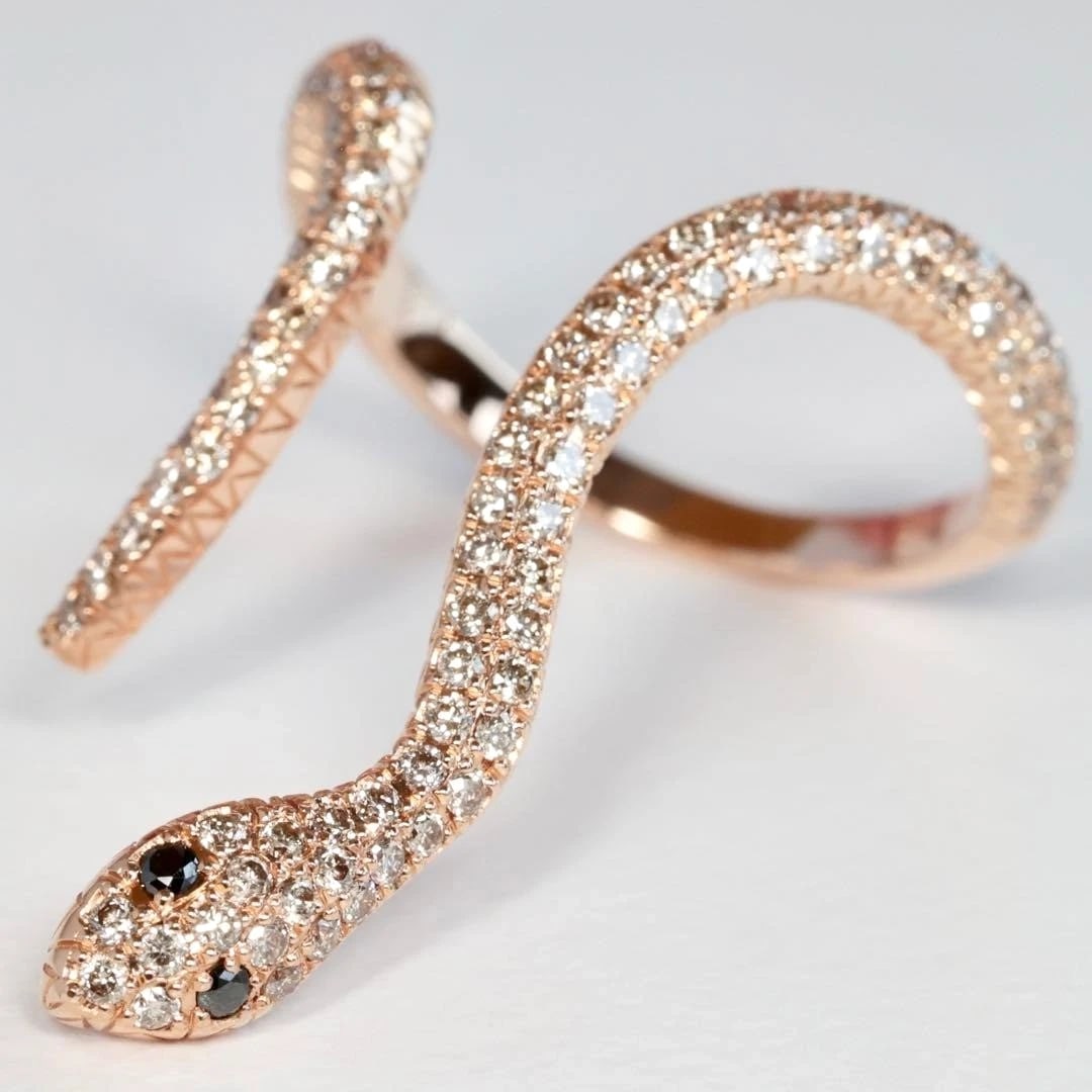 ELISE DRAY BROWN BLACK DIAMOND 18K ROSE GOLD SNAKE ANIMAL RING: Elise Dray Brown Black Diamond 18k Rose Gold Snake Animal Ring Brand: Elise Dray Type: Ring Material: 18k Rose Gold Main Stone/Creation Natural Color: Pink Size: 6 US Accessories: None