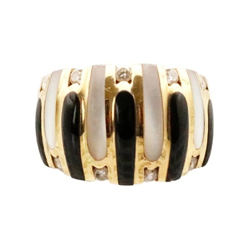 KABANA 18K YELLOW GOLD MOTHER OF PEARL DIAMOND INLAY WIDE BAND RING: Kabana 18k Yellow Gold Mother of Pearl Diamond Inlay Wide Band Ring Brand: Kabana Type: Ring Material: 18k Yellow Gold Main Stone/Creation Natural Color: Yellow Size: 6.75 US Accessories: