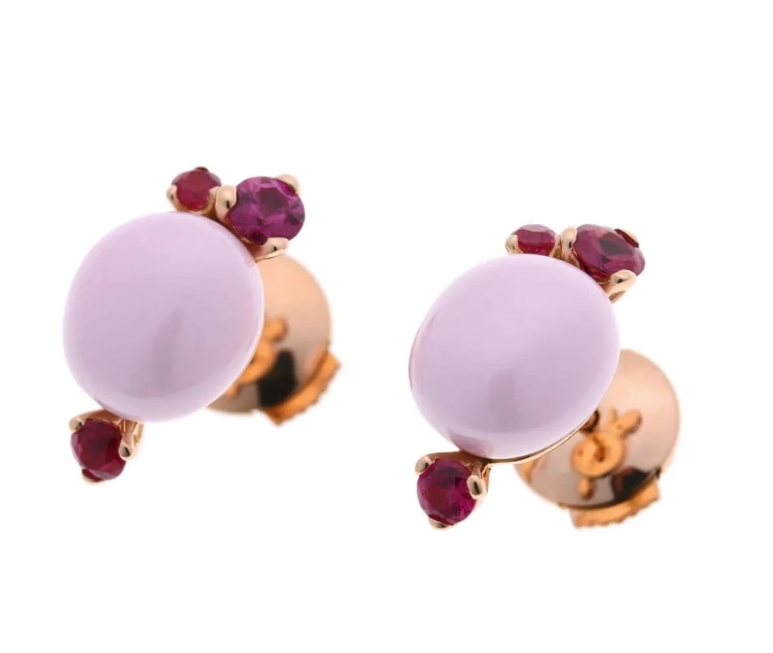 POMELLATO CAPRI COLLECTION RUBY AND PINK CERAMIC STUD EARRINGS: Pomellato Capri Collection Ruby and Pink Ceramic Stud Earrings Brand: Pomellato Type: Earrings Material: 18k Rose Gold Main Stone/Creation Ruby Color: Pink Size: W8mm × H14.5mm (0.3 × 0.6