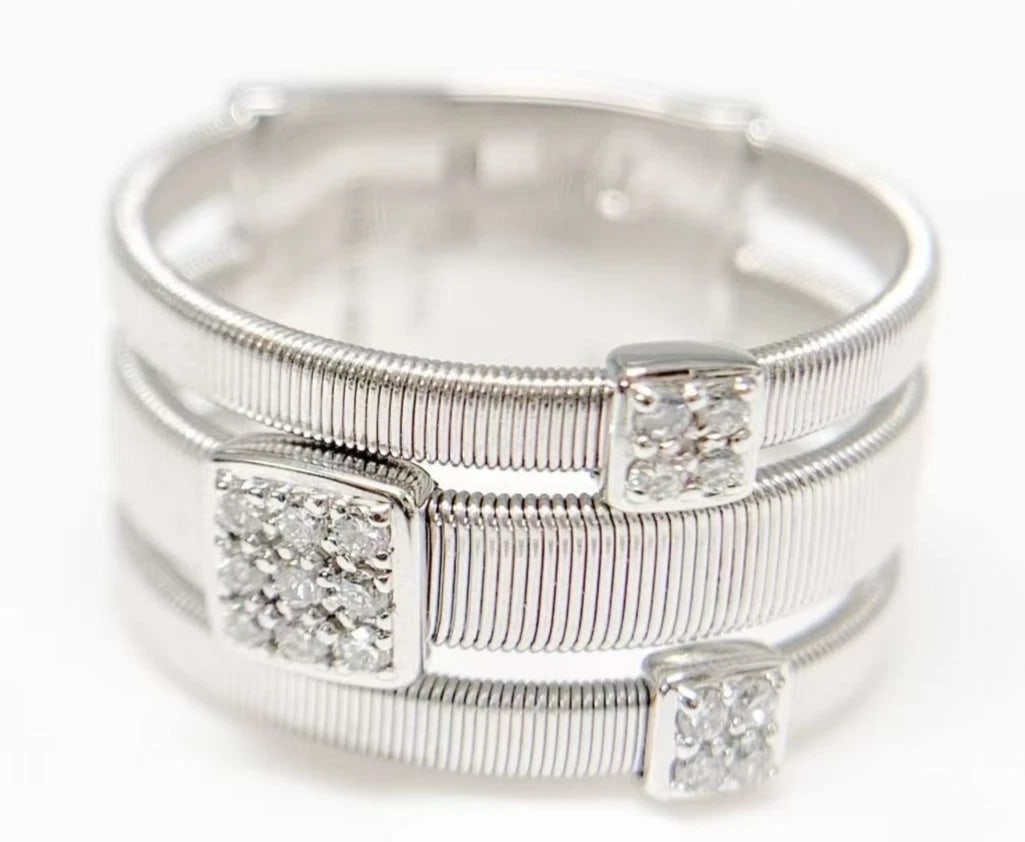 MARCO BICEGO MASAI DIAMOND 18K WHITE GOLD 3 ROW BAND RING: Marco Bicego Masai Diamond 18k White Gold 3 Row Band Ring Brand: Marco Bicego Type: Ring Material: 18k White Gold Main Stone/Creation Natural Color: White Size: 7 US Accessories: None