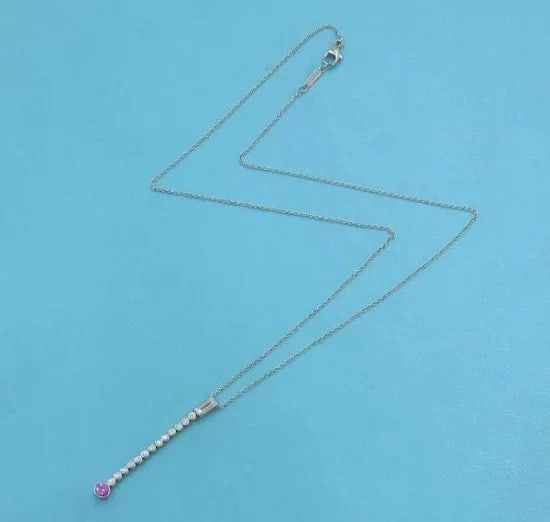 TIFFANY & CO JAZZ DROP PINK SAPPHIRE DIAMOND PENDANT NECKLACE: Tiffany & Co Jazz Drop Pink Sapphire Diamond Pendant Necklace Brand: Tiffany & Co. Type: Necklace Material: Platinum 950 Main Stone/Creation Natural Color: White Size: Chain Length: Approx. 43.5 c