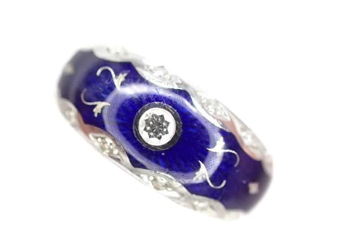 FABERGE DIAMOND 18K WHITE GOLD BLUE ENAMEL RING: Faberge Diamond 18k White Gold Blue Enamel Ring Brand: Fabergé Type: Ring Material: 18k White Gold Main Stone/Creation Natural Color: White Size: 9.5 US Accessories: None Accessories Notic