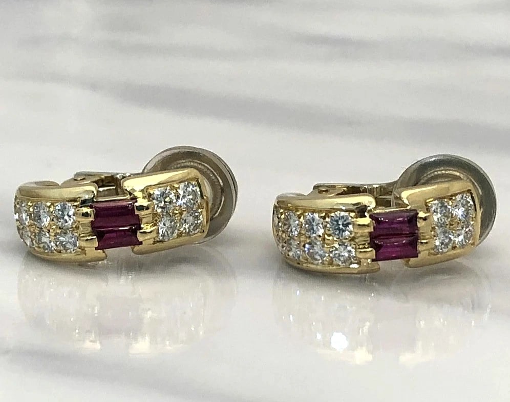 CHAUMET PARIS RUBY DIAMOND HUGGIE HOOP CLIP EARRINGS: Chaumet Paris Ruby Diamond Huggie Hoop Clip Earrings Brand: Chaumet Type: Earrings Material: 18k Yellow Gold Main Stone/Creation RubySecondary Stone Natural Color: Yellow Size: Height approx. 1.8