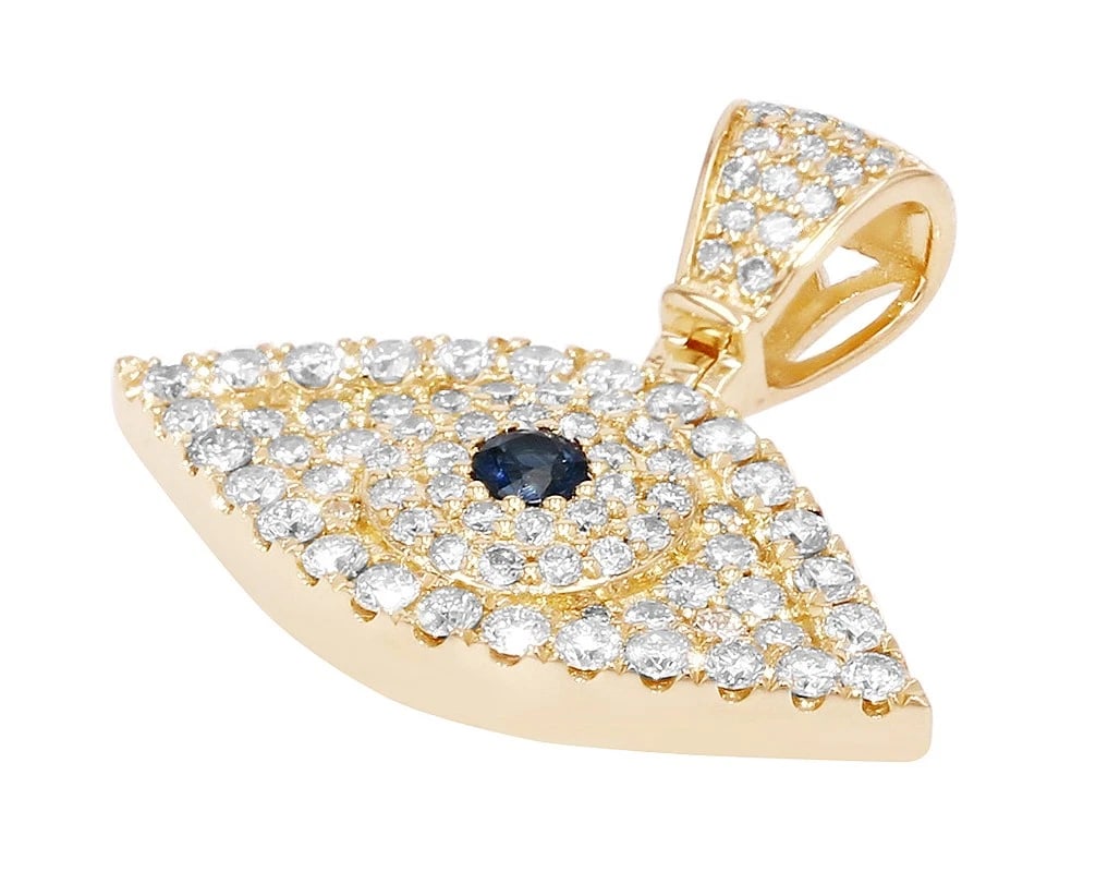 UNISEX ALMOND EVIL EYE BLUE SAPPHIRE REAL DIAMOND PENDANT: Unisex Almond Evil Eye Blue Sapphire Real Diamond Pendant Brand: None Type: Necklace Material: 10k Yellow Gold Color: Yellow Gold Size: Dimension(s) L 0.7" x W 1" Accessories: None Accesso