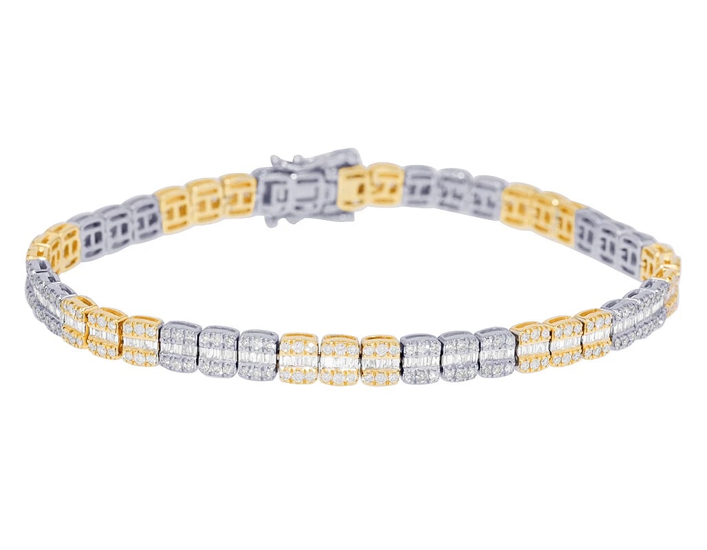 BAGUETTE REAL DIAMOND 10K YELLOW/WHITE GOLD TENNIS BRACELET: Baguette Real Diamond 10K Yellow/White Gold Tennis Bracelet Brand: None Type: Bracelet Material: 10k Yellow Gold Color: Yellow Gold Size: Dimension L 8" x W 6mm Accessories: None Accessori