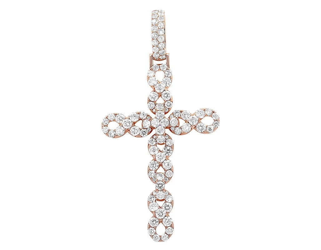 INFINITY REAL DIAMOND CROSS PENDANT 10K ROSE GOLD: Infinity Real Diamond Cross Pendant 10K Rose Gold Brand: None Type: Pendant Material: 10k Rose Gold Main Stone/Creation Natural Color: Rose Gold Size: Dimension L 2.6" , W 1.3" Accessories: None