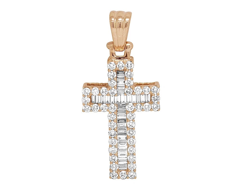 14K ROSE GOLD BAGUETTE REAL DIAMOND CROSS: 14K Rose Gold Baguette Real Diamond Cross Brand: None Type: Necklace Material: 14k Rose Gold Main Stone/Creation Natural Color: Rose Gold Size: Dimension 1.5" Accessories: None Accessories