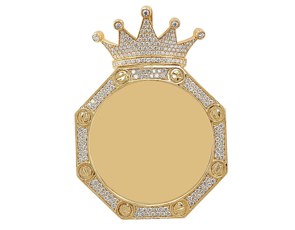 1 ROW REAL DIAMOND CROWN MEMORY PENDANT: 1 Row Real Diamond Crown Memory Pendant Brand: None Type: Pendant Material: 10k Yellow Gold Main Stone/Creation Natural Color: Yellow Gold Size: Dimension L 2.5" , W 1.8" Accessories: None