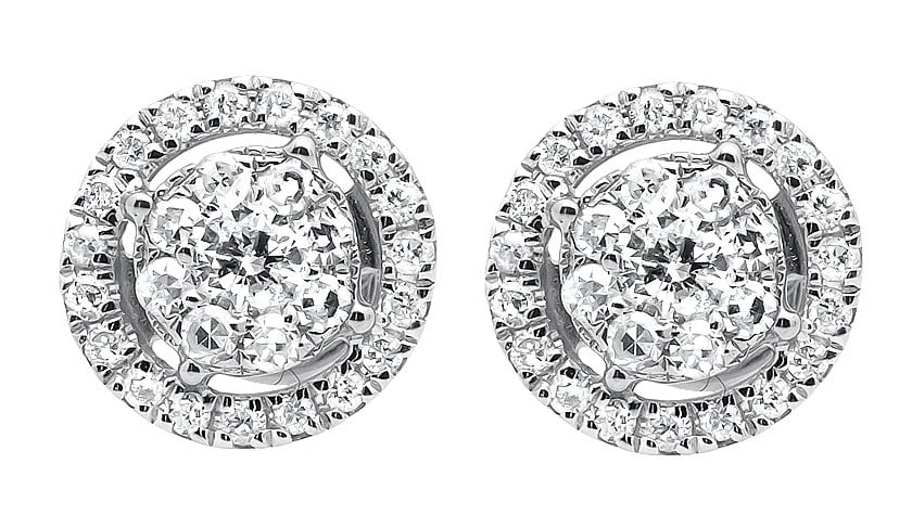 10K WHITE GOLD HALO FLOWER ROUND DIAMOND STUD EARRINGS: 10K White Gold Halo Flower Round Diamond Stud Earrings Brand: None Type: Earrings Material: 10k White Gold Main Stone/Creation Natural Color: White Size: Dimension 7MM Accessories: None Ac