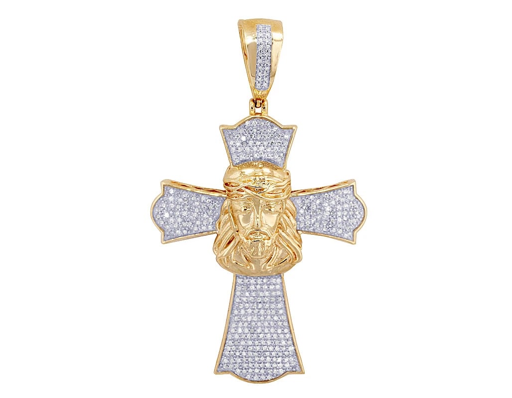 JESUS HEAD ON CROSS REAL DIAMOND PENDANT: Jesus Head on Cross Real Diamond Pendant Brand: None Type: Necklace Material: 10k Yellow Gold Main Stone/Creation Natural Color: Yellow Gold Size: Dimension W 34mm, L 58.3mm Accessories: None