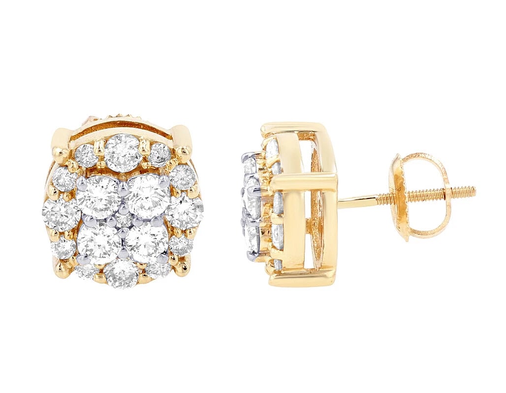 CLUSTER HALO REAL DIAMOND STUD EARRINGS: Cluster Halo Real Diamond Stud Earrings Brand: None Type: Earrings Material: 10k Yellow-White Gold Main Stone/Creation Natural Color: Yellow-White Gold Size: Dimension L 16.5mm , W 10mm Accessori