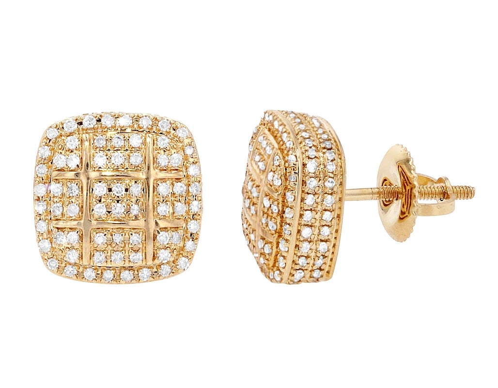 SQUARE CUSHION CLUSTER REAL DIAMOND 3D STUD EARRINGS: Square Cushion Cluster Real Diamond 3D Stud Earrings Brand: None Type: Earrings Material: 10K Yellow Gold Main Stone/Creation Natural Color: Yellow Gold Size: Dimension 10.3 mm x 10.3 mm Accessor