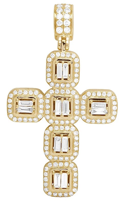 10K YELLOW GOLD BAGUETTE DIAMOND CROSS PENDANT: 10K Yellow Gold Baguette Diamond Cross Pendant Brand: None Type: Necklace Material: 14k Yellow Gold Main Stone/Creation Natural Color: Yellow Gold Size: Dimension 2 inches Accessories: None