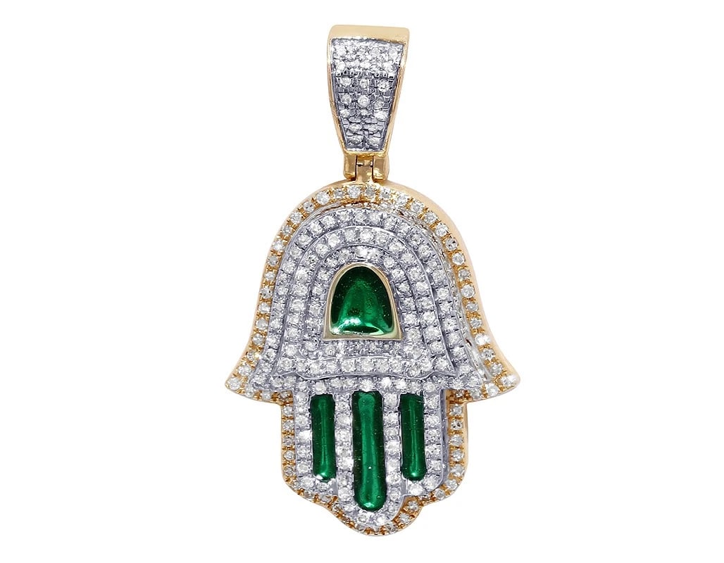 UNISEX HAMSA REAL DIAMOND WITH GREEN ENAMEL 14K YELLOW-WHITE: Unisex Hamsa Real Diamond With Green Enamel 14K Yellow-White Brand: None Type: Necklace Material: 14k Multi-Tone Gold Main Stone/Creation Natural Color: Multi-Tone Size: Dimension L 1.5" x W 20mm