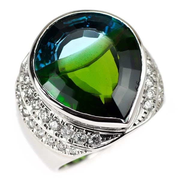 PT900 GREEN TOURMALINE/BLUE TOPAZ DIAMOND RING: Pt900 green tourmaline/blue topaz diamond ring Brand: None Type: Ring Material: Metal Purity 900 Metal Platinum Main Stone/Creation None Color: None Size: 7.5 US Accessories: None Accessories