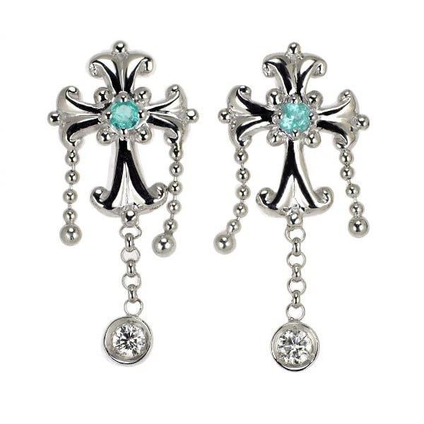 K14WG/ K18WG PARAIBA TOURMALINE DIAMOND EARRINGS: K14WG/ K18WG Paraiba Tourmaline Diamond Earrings Brand: None Type: piercing Material: Metal Purity K18 Metal Gold Main Stone/Creation tourmaline Color: None Size: Length/Width/Diameter25.8 