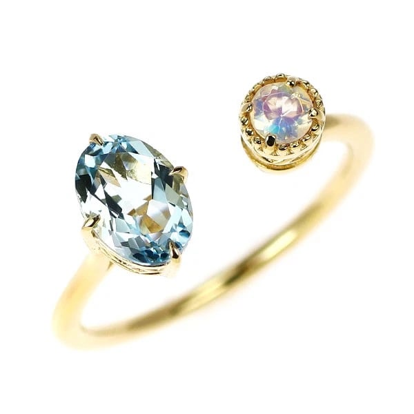 K18YG AQUAMARINE MOONSTONE FORK RING: K18YG aquamarine moonstone fork ring Brand: None Type: rings Material: K18YG Color: YG Size: 4.75 - 5 Accessories: None Accessories Notice: When purchasing pre-owned goods, please refer to