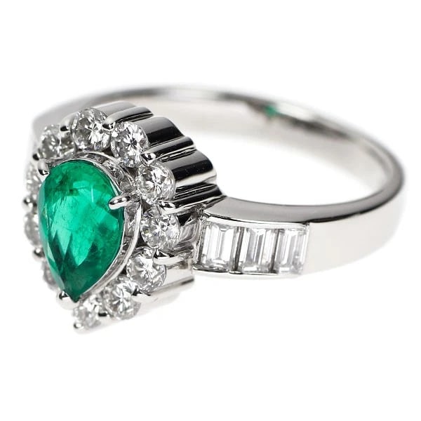 PT900 PEAR SHAPE EMERALD DIAMOND RING - 2