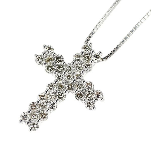 K18WG CROSS DIAMOND PENDANT NECKLACE: K18WG cross diamond pendant necklace Brand: None Type: Pendant Necklace Material: Metal Purity K18 Metal Gold Main Stone/Creation Natural Color: None Size: Necklace: Chain Length ?45.5 