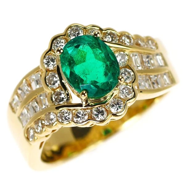 K18YG EMERALD DIAMOND RING: K18YG Emerald Diamond Ring Brand: None Type: Ring Material: Metal Purity K18 Metal Gold Main Stone/Creation emeralds Color: None Size: 6.25 - 6.5 US Accessories: None Accessories Notice: When