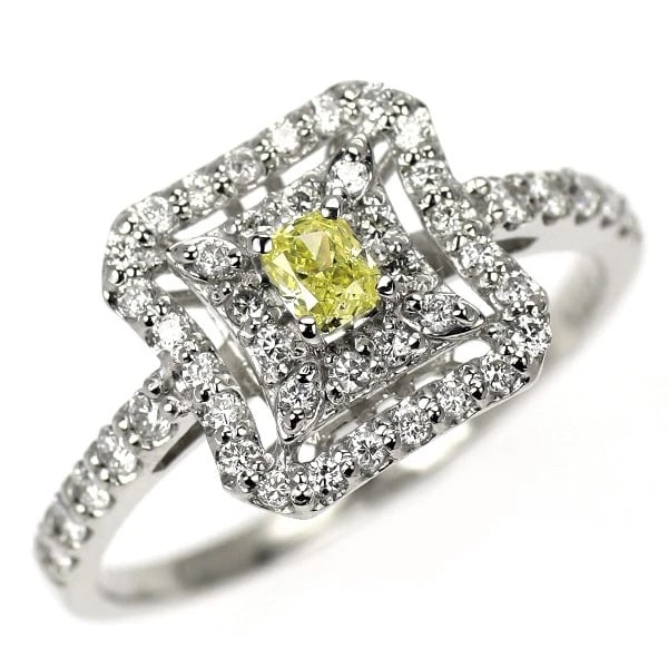 PT900 CUSHION CUT NATURAL YELLOW DIAMOND RING: Pt900 Cushion Cut Natural Yellow Diamond Ring Brand: None Type: Ring Material: Metal Purity 900 Metal Platinum Main Stone/Creation Natural Color: None Size: 6 US Accessories: None Accessories