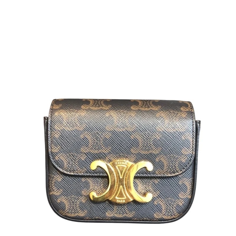 CELINE MINI CLAUDE SHOULDER BAG: CELINE mini claude Shoulder Bag Brand: CELINE Type: Shoulder Bag Material: Triomphe Canvas/Tan Color: black Size: W4.7 x H3.7x D1.6inch Accessories: None Accessories Notice: When purchasing
