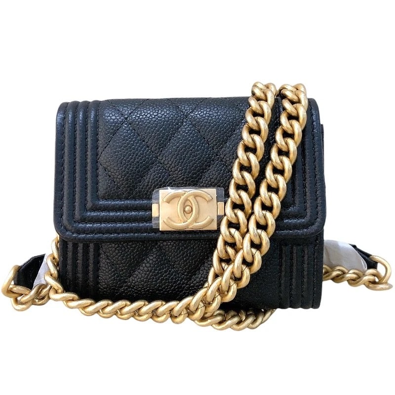 CHANEL BOY CHANEL CHAIN COIN PURSE COIN PURSE: CHANEL Boy Chanel Chain Coin Purse coin purse Brand: CHANEL Type: coin purse Material: caviar Color: Black Gold Hardware Size: W4.3 x H3.5x D0.8inch Accessories: None Accessories Notice: When