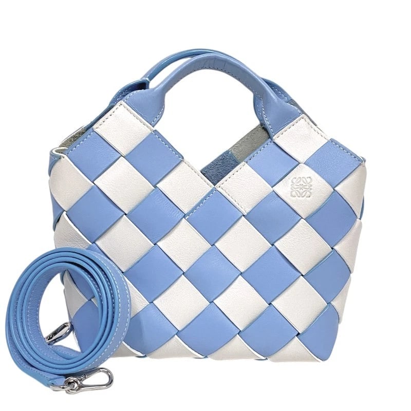 LOEWE WOVEN BASKET MINI HANDBAG: LOEWE Woven Basket Mini Handbag Brand: LOEWE Type: Handbag Material: Calf leather Color: Light blue x white Size: W7.5 x H5.9x D3.7inch Shoulder:45.3inch Accessories: None Accessories Notice: