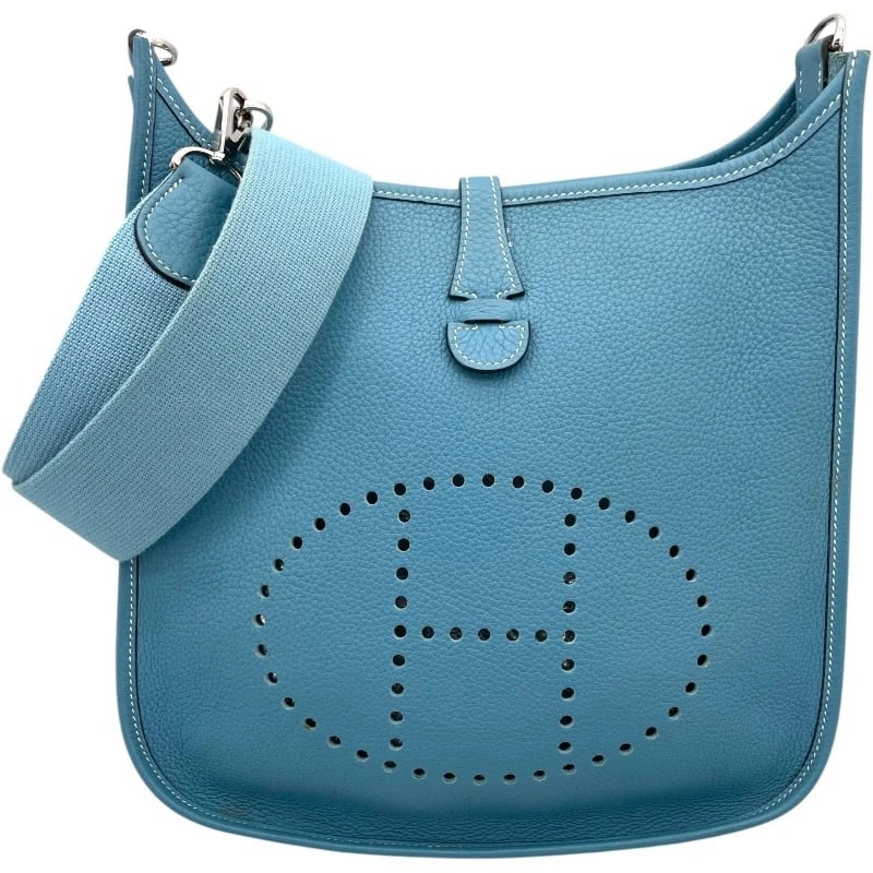 HERMES EVELYN 2 PM SHOULDER BAG: HERMES Evelyn 2 PM Shoulder Bag Brand: HERMES Type: Shoulder Bag Material: Taurillon Clemence Color: Blue Jean SVHardware Size: W11.4 x H12.2x D3.5inch Shoulder:36.8inch Accessories: None