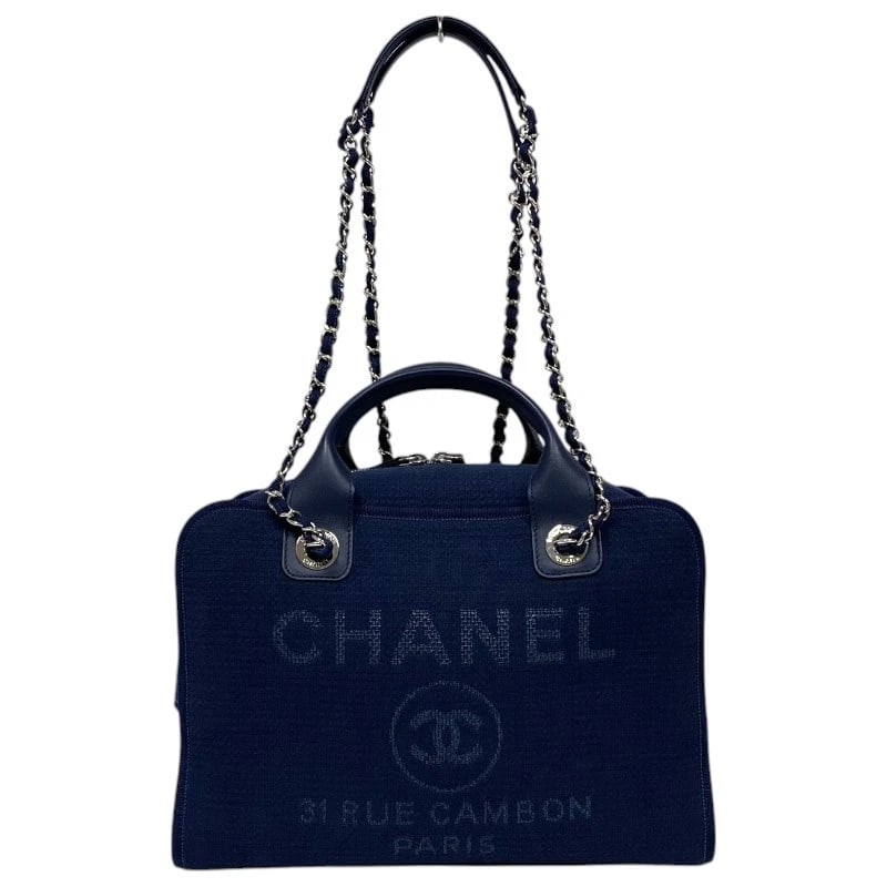 CHANEL DEAUVILLE BOWLING BAG HANDBAG: CHANEL Deauville bowling bag Handbag Brand: CHANEL Type: Handbag Material: Mixed fiber Color: Navy SilverHardware Size: W12.6 x H8.7x D5.1inch Accessories: None Accessories Notice: When