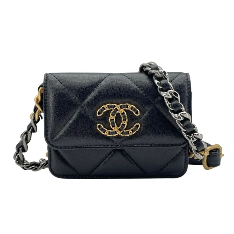 CHANEL 19 CHAIN WAIST BAG SHOULDER BAG: CHANEL 19 Chain Waist Bag Shoulder Bag Brand: CHANEL Type: Shoulder Bag Material: lambskin Color: Black GDxSVHardware Size: W3.5 x H4.7x D1.0inch Shoulder:32.7inch Accessories: None
