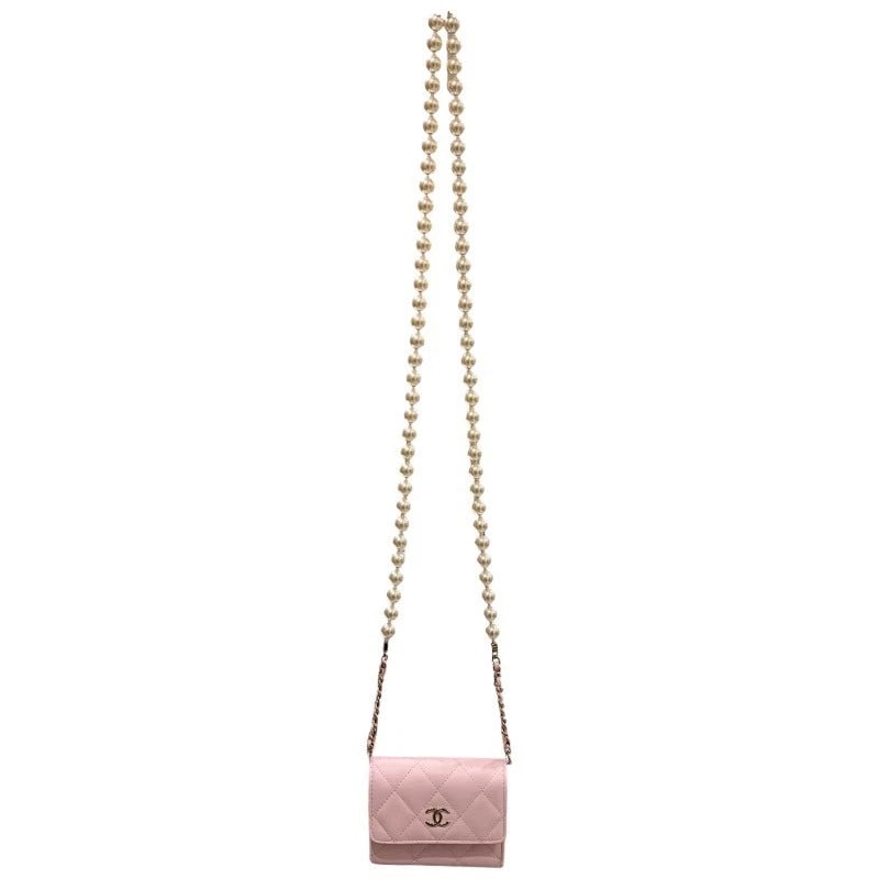 CHANEL MATELASSE PEARL CHAIN WALLET SHOULDER BAG: CHANEL Matelasse Pearl Chain Wallet Shoulder Bag Brand: CHANEL Type: Shoulder Bag Material: Ram/GD Color: pink Size: W4.3 x H3.5x D0.8inch Shoulder:43.3inch Accessories: None Accessories