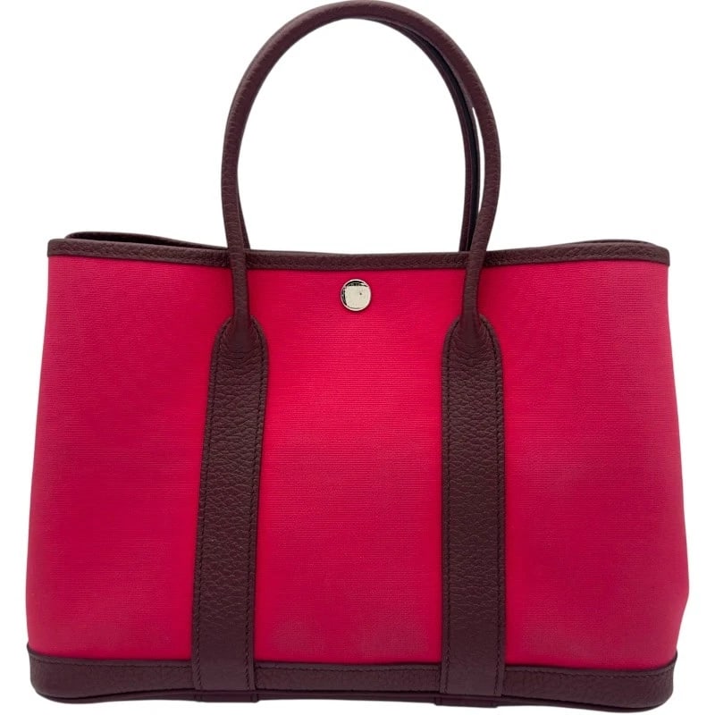 HERMES GARDEN PARTY TPM HANDBAG: HERMES Garden party TPM Handbag Brand: HERMES Type: Handbag Material: Toile Country Color: Bordeaux SilverHardware Size: W11.8 x H8.3x D5.1inch Accessories: None Accessories Notice: When