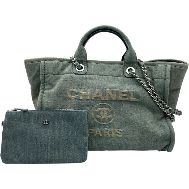 CHANEL DEAUVILLE SHOPPING BAG SHOULDER BAG: CHANEL Deauville shopping bag Shoulder Bag Brand: CHANEL Type: Shoulder Bag Material: denim Color: light blue SilverHardware Size: W14.6 x H12.8x D4.9inch Accessories: None Accessories