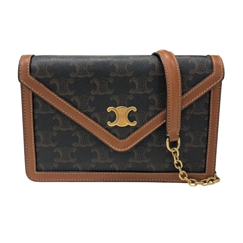 CELINE TRIOMPHE CHAIN WALLET SHOULDER BAG: CELINE Triomphe Chain Wallet Shoulder Bag Brand: CELINE Type: Shoulder Bag Material: Triomphe canvas/calfskin Color: Tan Gold Hardware Size: W7.7 x H4.7x D1.6inch Shoulder:41.3inch 