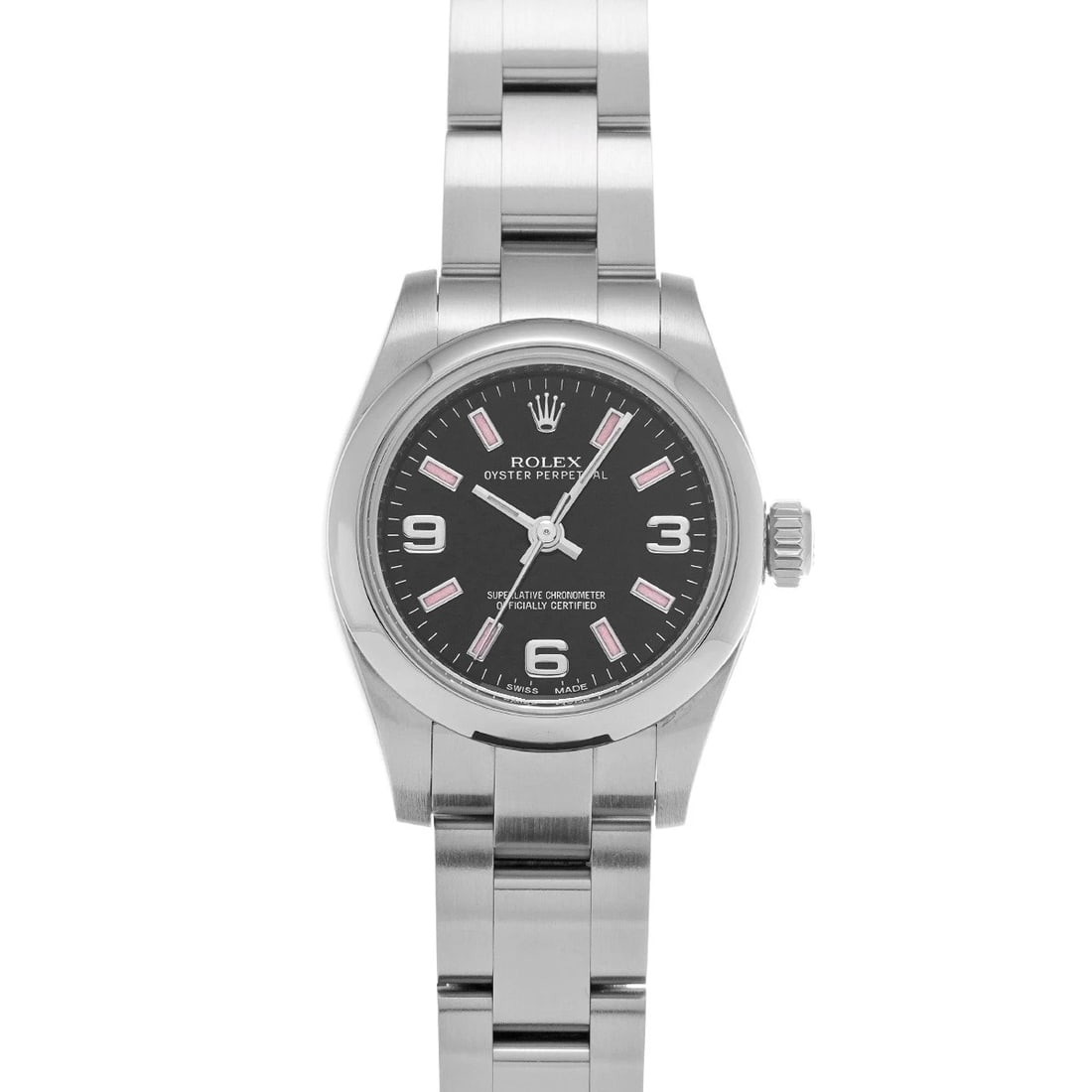 ROLEX OYSTER PERPETUAL BLACK WATCH: ROLEX Oyster Perpetual black Watch Brand: ROLEX Type: Wristwatch Material: Band Material Stainless steel, Case Material Stainless steel Color: Dial Color black Size: ??Case? H/about 26mm