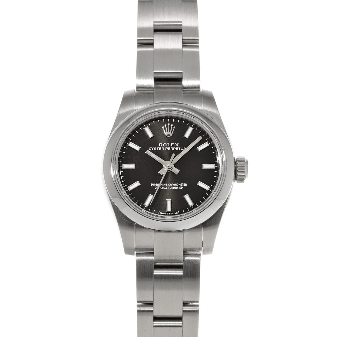 ROLEX OYSTER PERPETUAL BLACK WATCH: ROLEX Oyster Perpetual black Watch Brand: ROLEX Type: Wristwatch Material: Band Material Stainless steel, Case Material Stainless steel Color: Dial Color black Size: ??Case? H/about 26mm